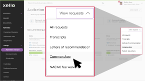 Educator account in Xello, on the Application manager page. The "View requests" dropdown is highlighted and the cursor is clicking Common App.